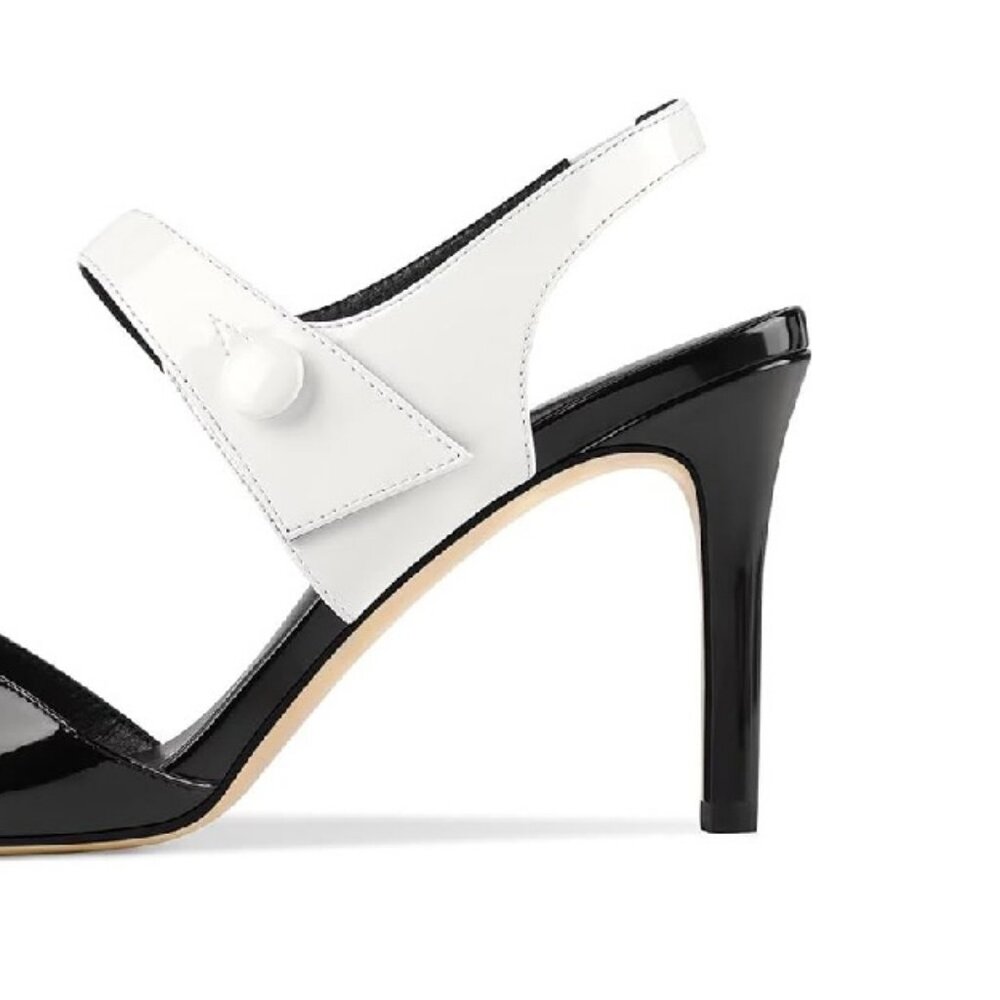 NIB. Open Toe, Slingback PU Leather, Black & White Color Blocked Heels. Size 8.5 - Picture 4 of 5